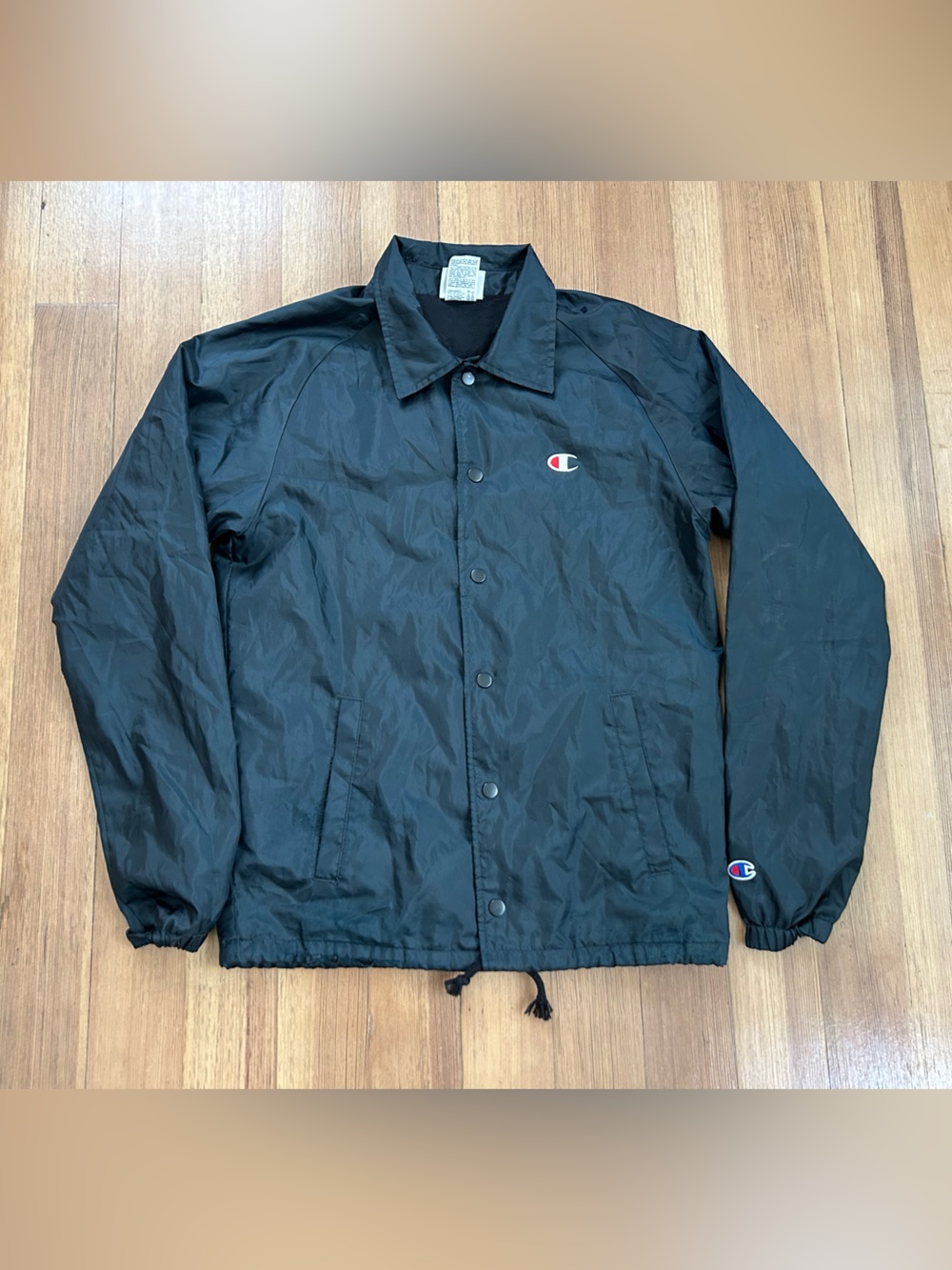 Vintage Champion Black Snap Front Coaches Jacket Windbreaker Men's Small Logo